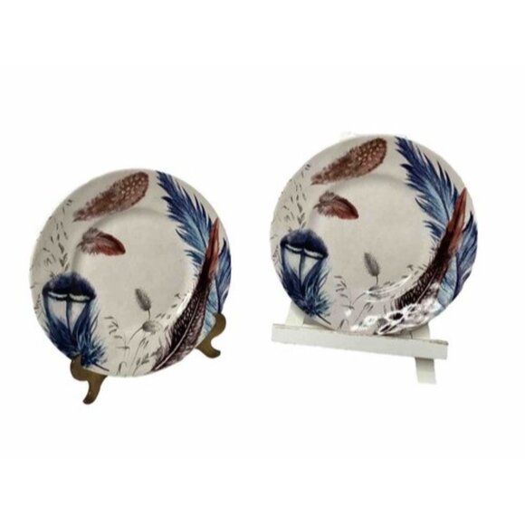 Pier 1 Imports Other - Pier 1 Imports Set Of 2 Stoneware Feather Plates Dinner Salad Round 8.5” Boho